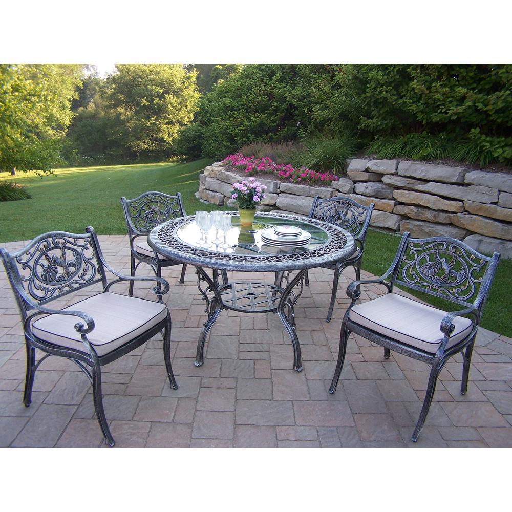 4 5 Person Silver Metal Patio Furniture Dining Sets Mississippi Tea Rose 5 Piece Aluminum Outdoor Dining Set With Oatmeal Cushions