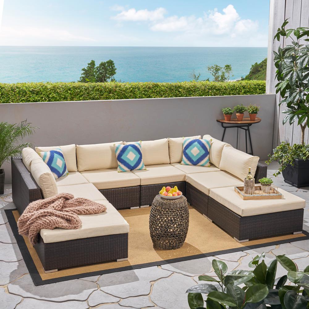 Outdoor Sectionals Lounge Furniture The Home Depot Nolan Multi Brown 8 Piece Wicker Outdoor Sectional