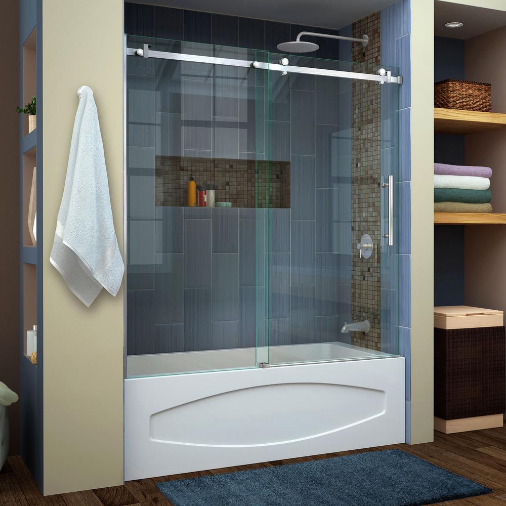 Basco Sopora 27 1 2 In X 63 1 2 In Framed Pivot Shower Door In Chrome Sopn00a2763obsv The Home Depot