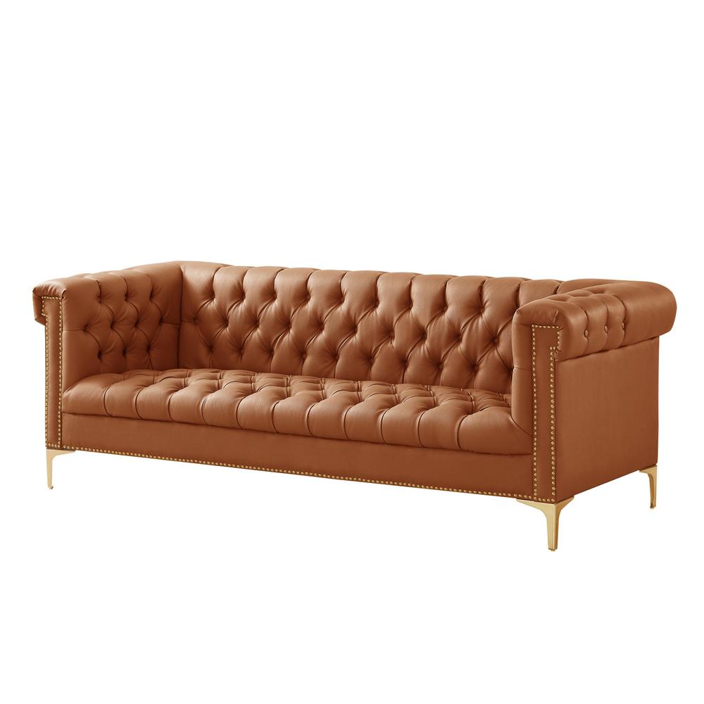 Inspired Home Ramona Camel Brown Gold Pu Leather Sofa With Button