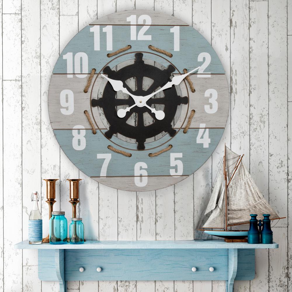 La Crosse Clock 24 In Blue Oversized Round Coastal Quartz