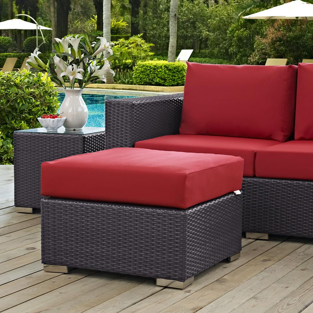 Modway Convene Wicker Outdoor Patio Fabric Square Ottoman In Espresso With Red Cushion