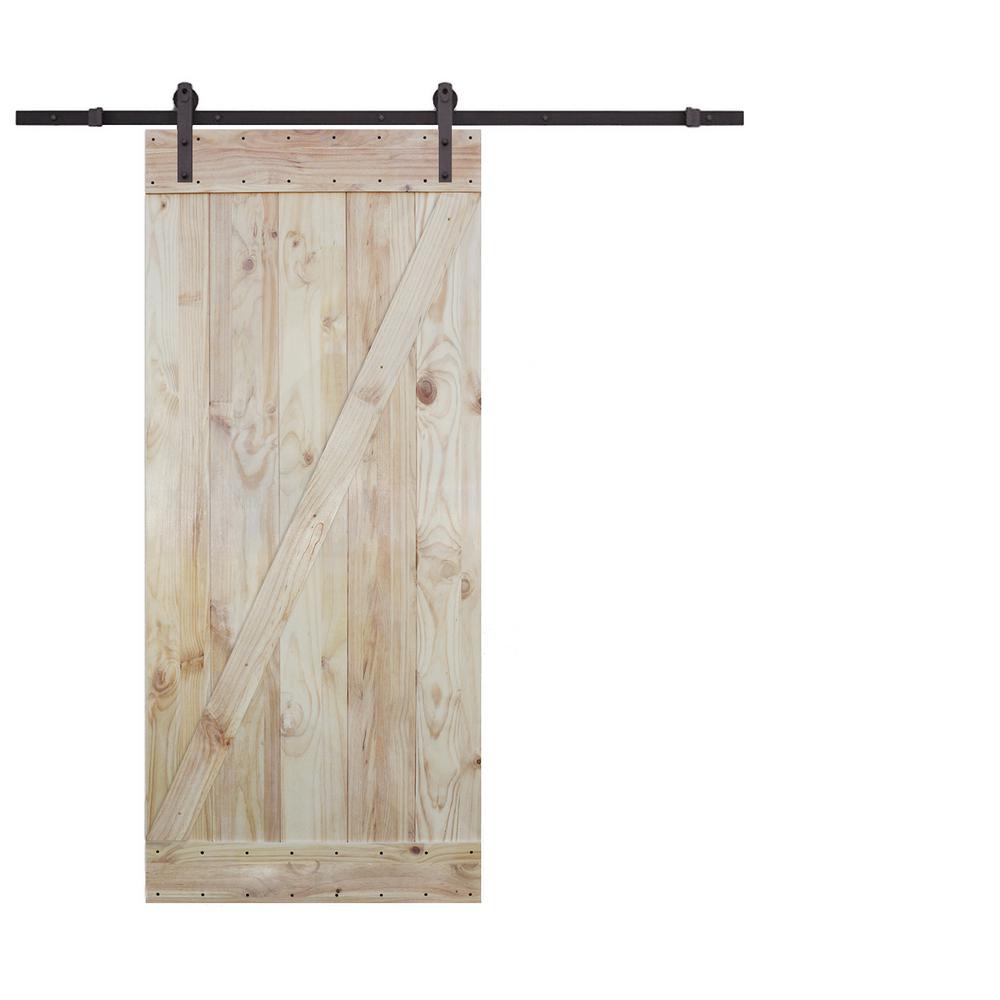 Calhome 36 In X 84 In 2 Side Z Bar Wood Color Pine Slab Interior Sliding Barn Door With 6 Ft 