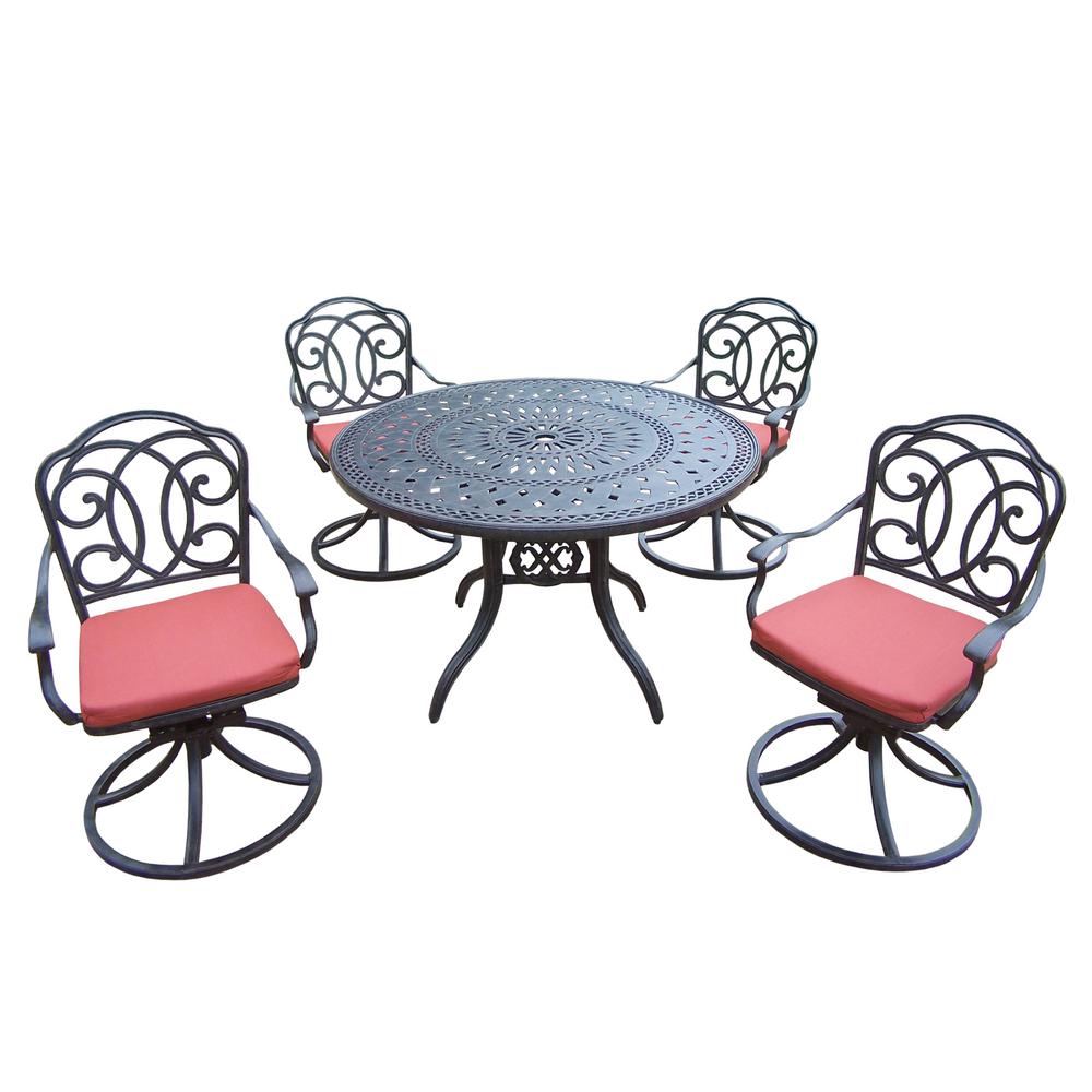 5 Piece Aluminum Outdoor Dining Set With Red Cushions And Swivel Chairs