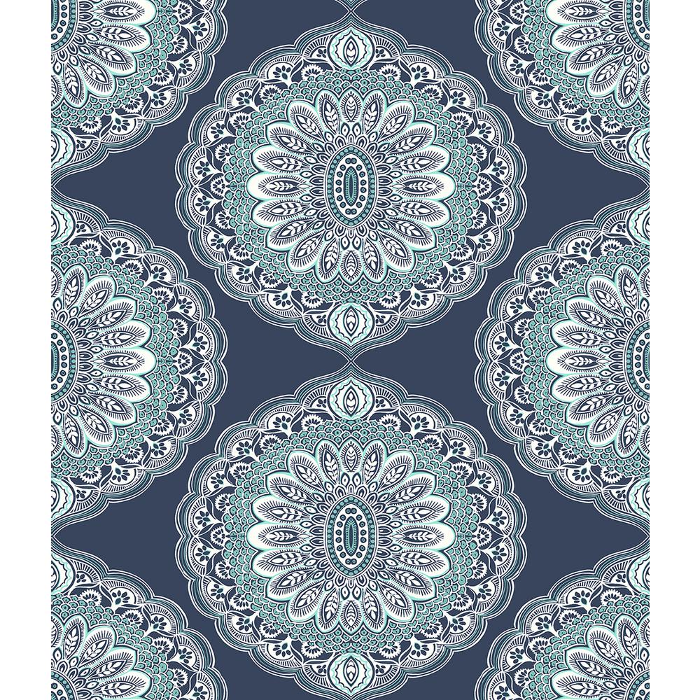 Geometric Pre Pasted Navy Wallpaper Home Decor The Depot Bolinas Navy Medallion Wallpaper