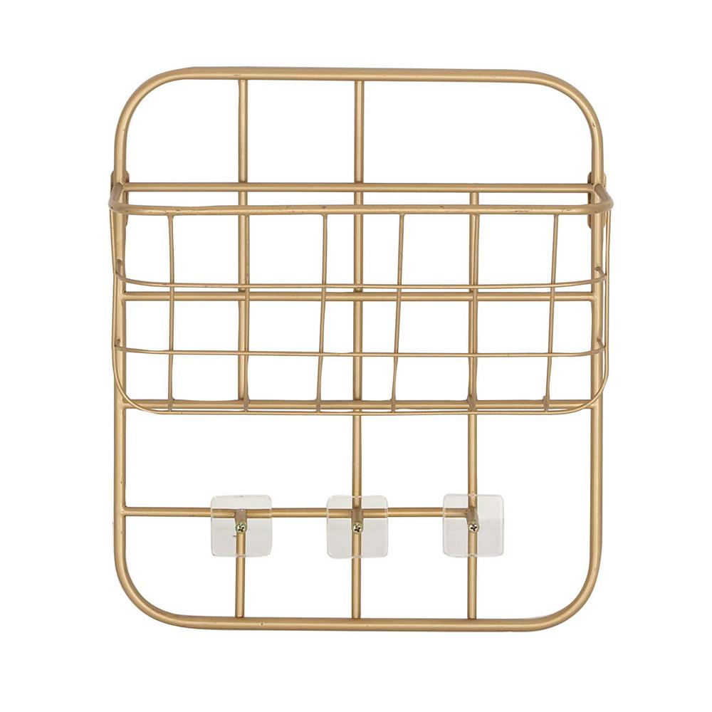 Litton Lane Gold Iron Wall Mounted Basket Rack With Hooks 45849