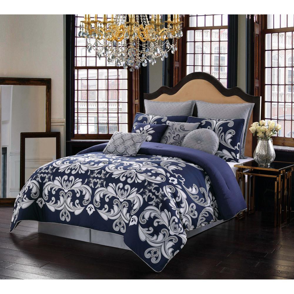 Style 212 Dolce Silver and Navy King Comforter Set ...