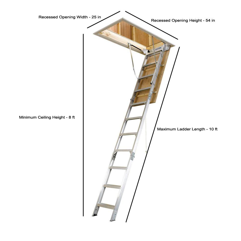 Werner 8 Ft 10 Ft 25 In X 54 In Aluminum Attic Ladder With 375 Lb Maximum Load Capacity Ah2510b The Home Depot