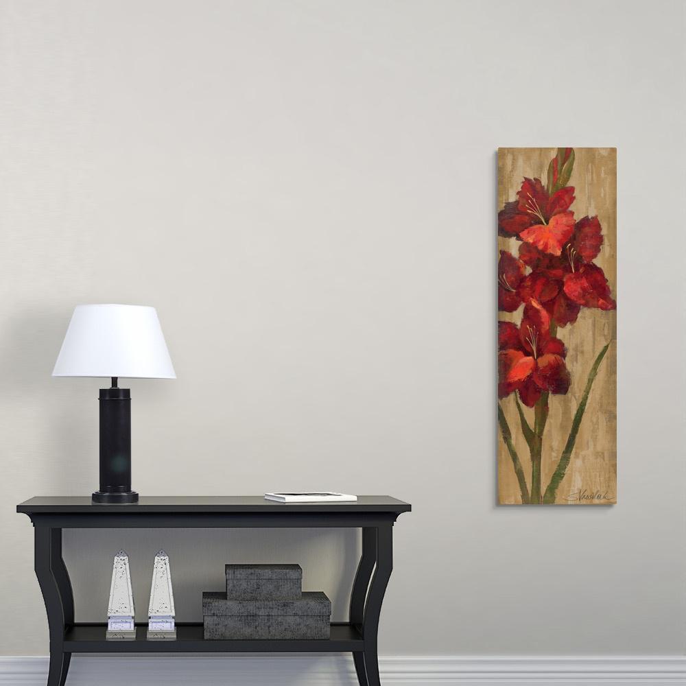 Red Gladiola On Gold By Silvia Vassileva Canvas Wall Art