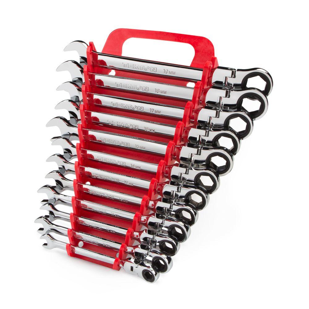 TEKTON WRN50170 Stubby Ratcheting Combination Wrench Set with Store and Go Keeper Metric 12-Piece 8 mm 19 mm