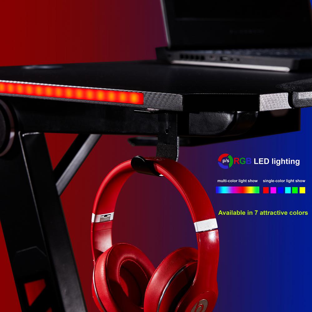 Merax Black Gaming Desk With Rgb Led Lights And Headphone Hook