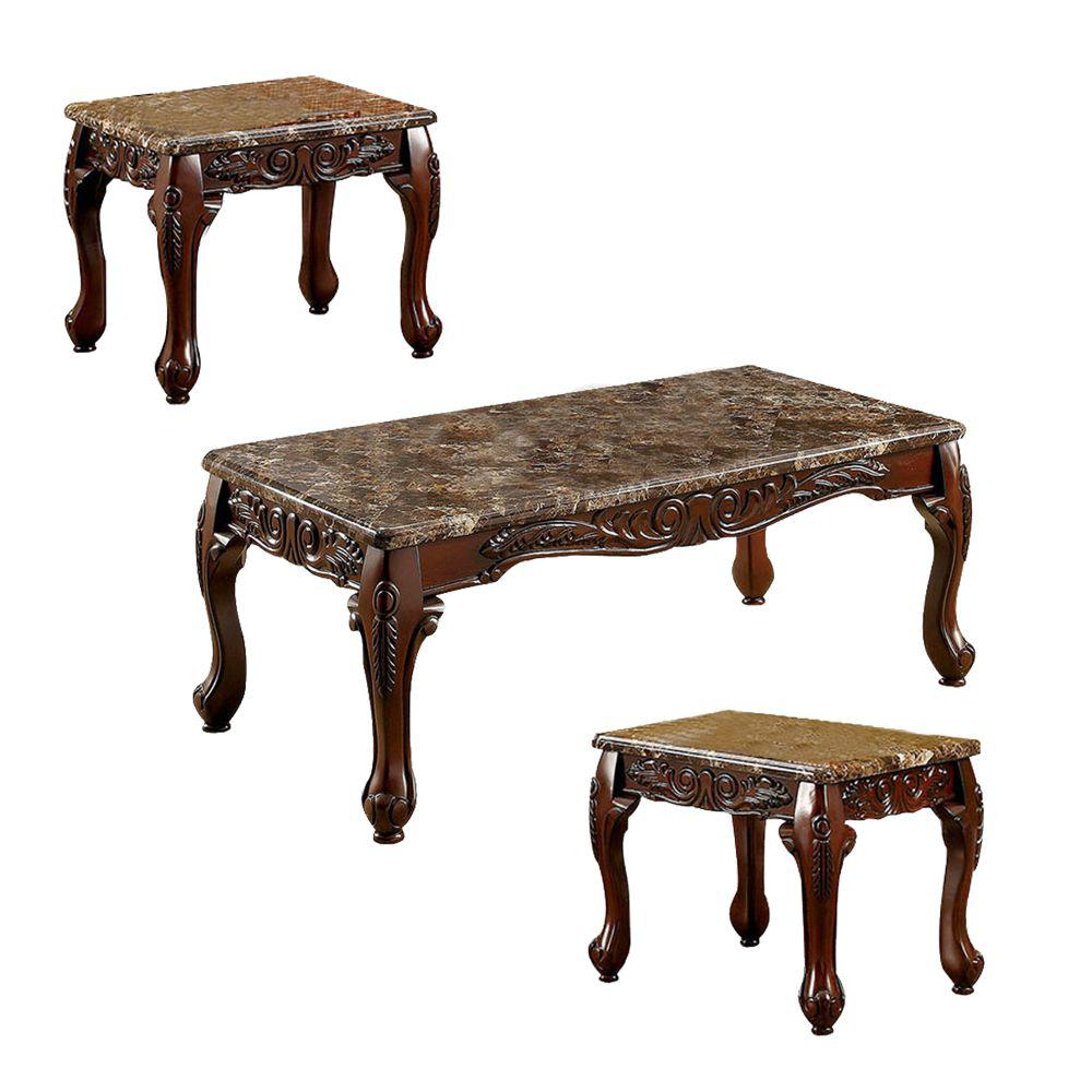 Benjara Brown Wooden Coffee Table And End Tables Set With Faux Marble Top Pack Of 3 Bm123017 The Home Depot