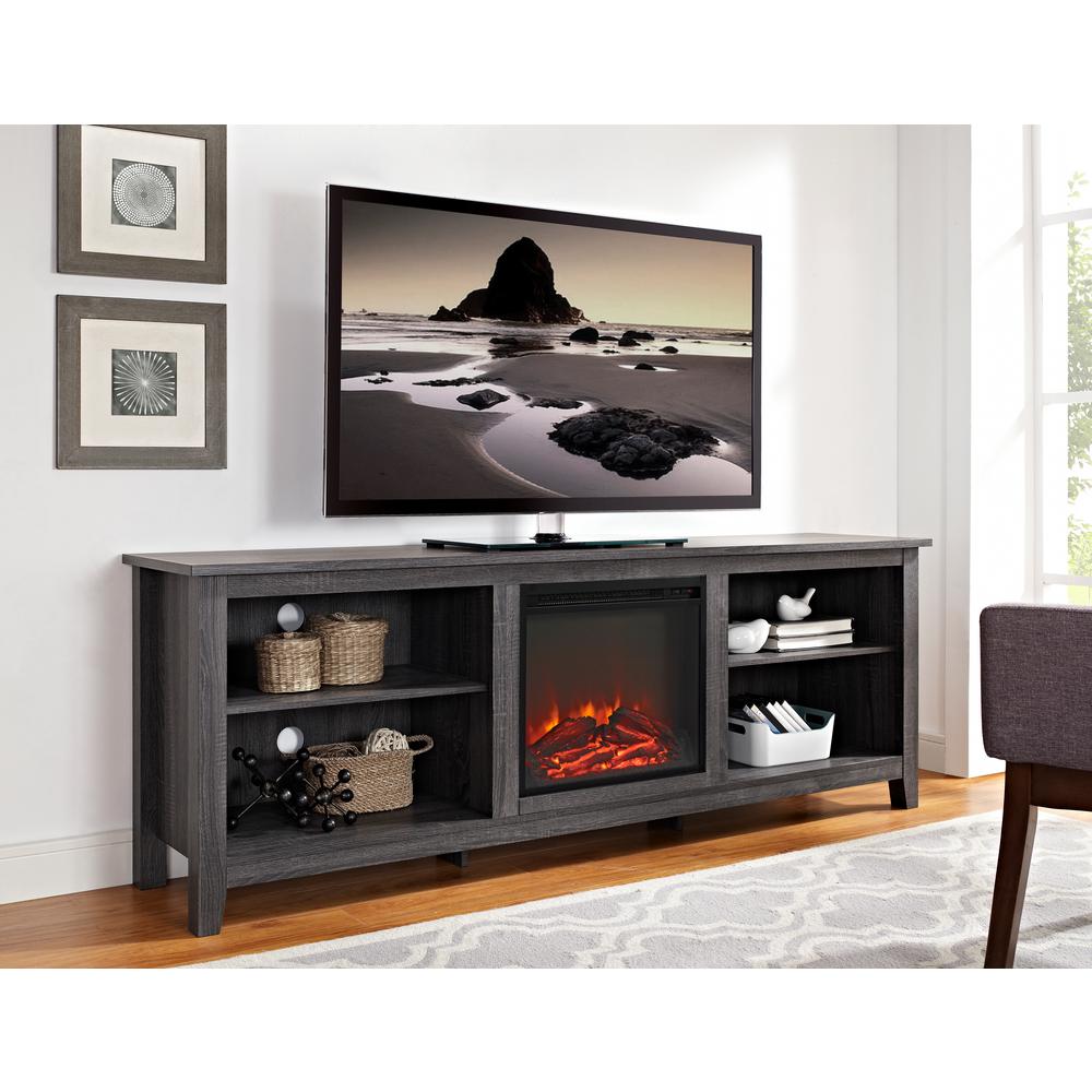 Walker Edison Furniture Company 70 in. Wood Media TV Stand Console with Fireplace  Charcoal 