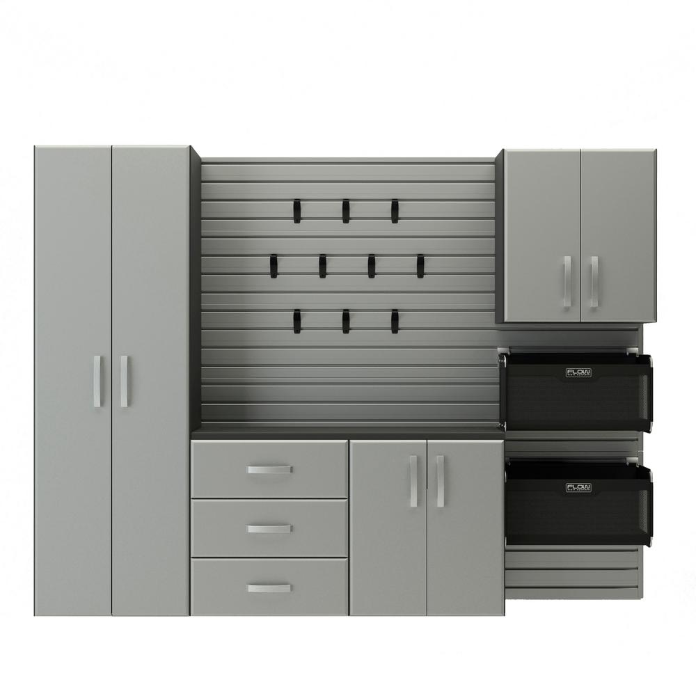 Flow Wall Deluxe Modular Mounted Garage Cabinet Storage Set Flow Wall Deluxe Modular Mounted Garage Cabinet Storage Set With Accessories In Silver 5 Piece Fcs 9612 6s 5s2 The Home Depot