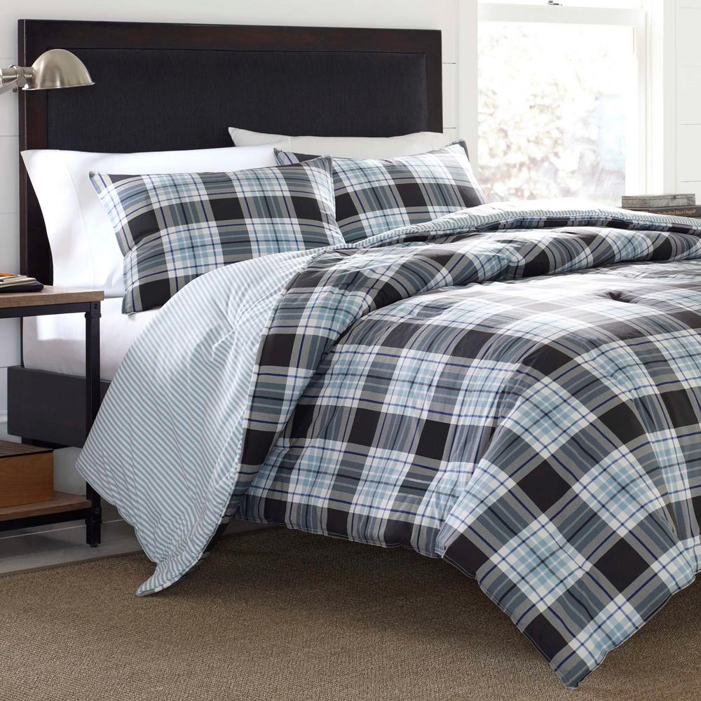 Eddie Bauer 3 Piece Blue Lewis Plaid Full Queen Duvet Cover Set