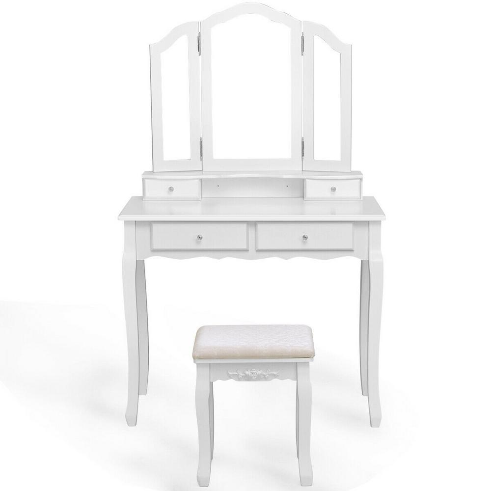 Costway 4 Drawer White Vanity Set Tri With Folding Mirror Makeup Table Stool Set Home Desk Hw55563wh The Home Depot