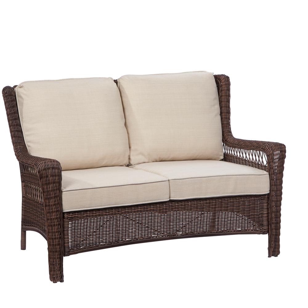 Hampton Bay Park Meadows Brown Wicker Outdoor Loveseat with Beige