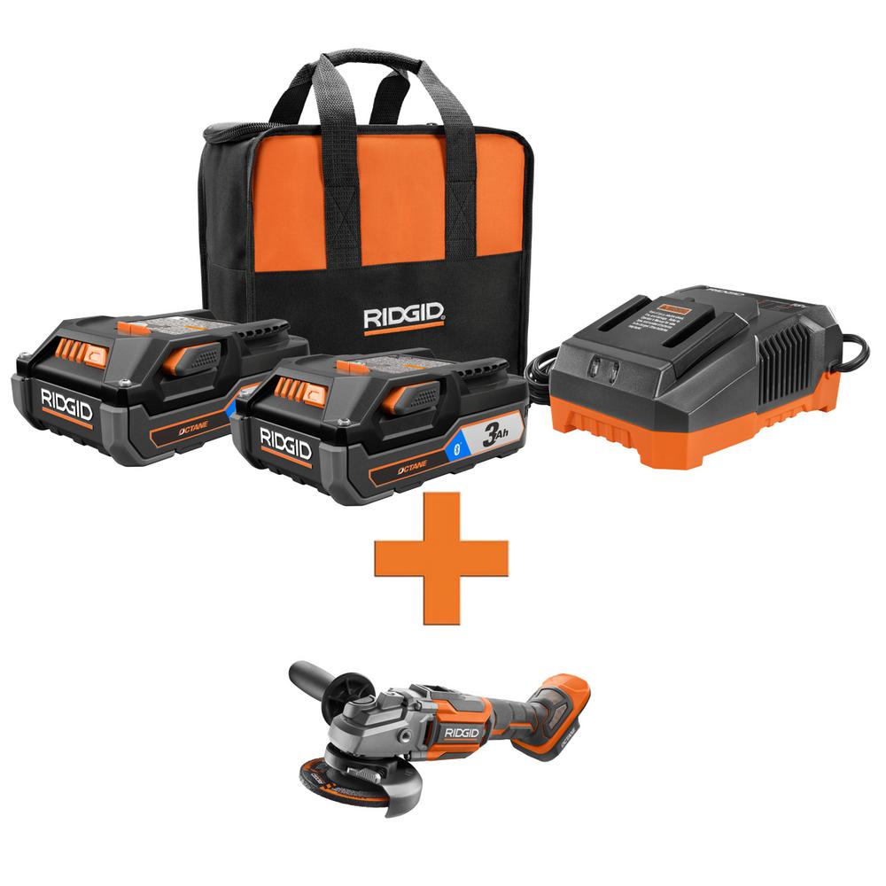 RIDGID 18-Volt OCTANE Lithium-Ion (2) 3.0 Ah Batteries and Charger Kit w/Bonus OCTANE Brushless 4-1/2 in. Angle Grinder