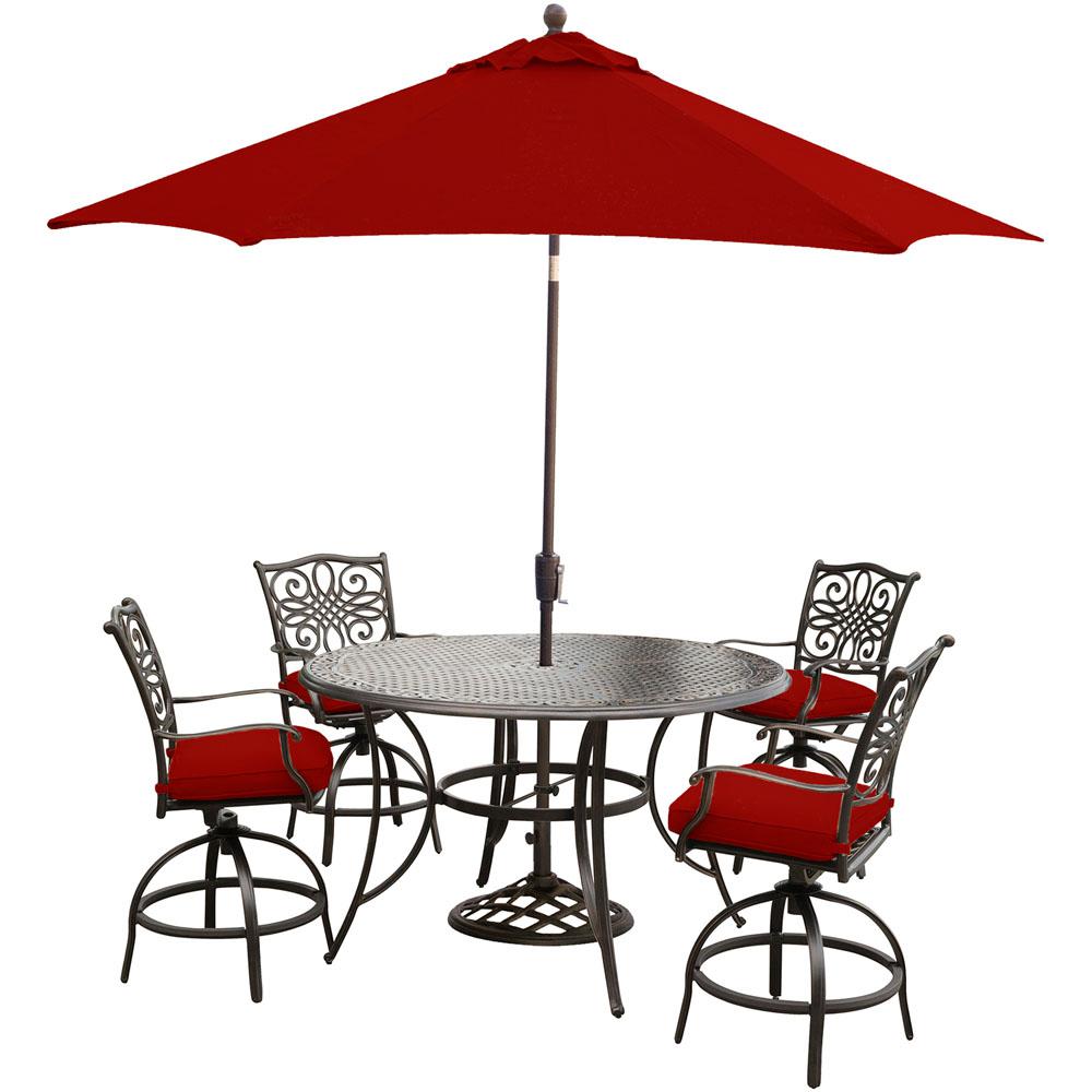 Hanover Traditions 5 Piece Aluminum Outdoor Bar Height Dining Set With Red Cushions Swivel Chairs Table Umbrella And Stand