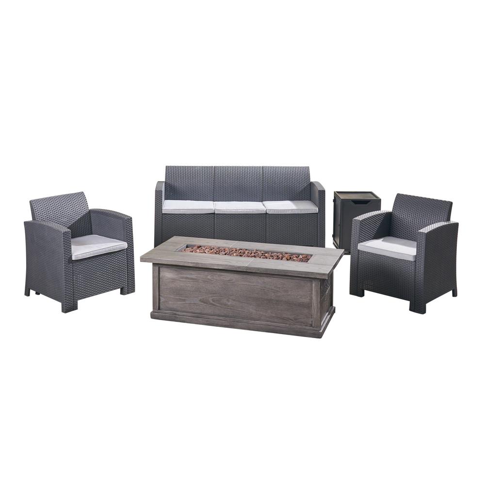 Noble House St John S 5 Piece Faux Wicker Patio Fire Pit Conversation Set With Light Grey Cushions 54102 The Home Depot - Patio Furniture With Fire Pit Home Depot Noble House St John S 5 Piece Faux Wicker Patio Fire Pit Conversation Set With Light Grey Cushions 54102 The Home Depot - Patio Furniture With Fire Pit Home Depot