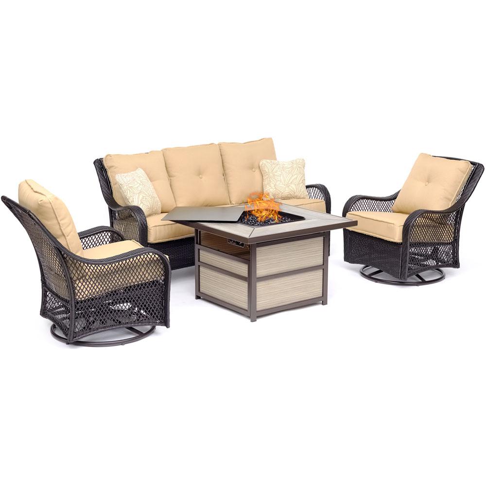 Hanover Orleans 4-Piece Wicker Patio Seating Set with Fire Pit Table