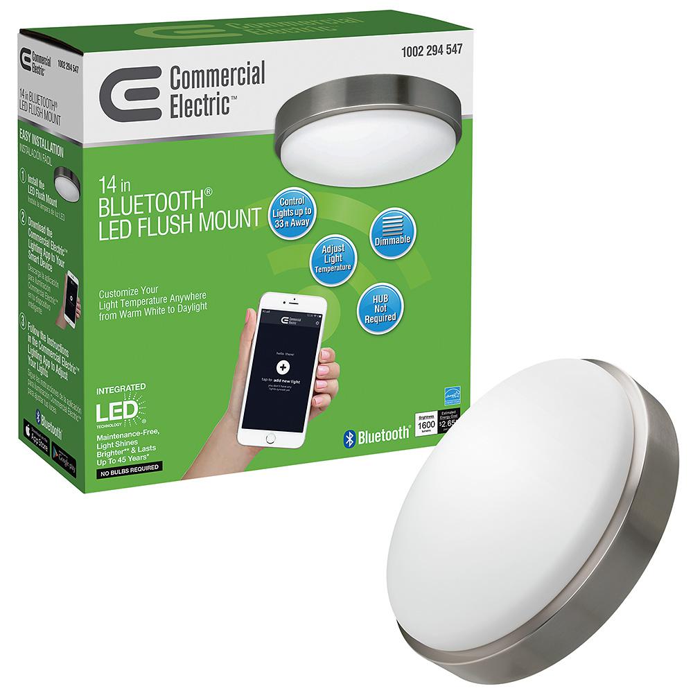 Commercial Electric 14 in. Brushed Nickel Base Bluetooth Wi-Fi Smart Selectable LED Flush Mount Light Frosted Glass Lens Dimmable 3 CCTs