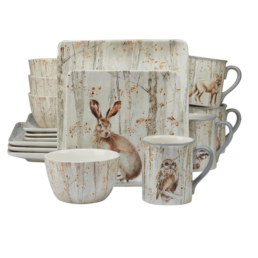Certified International-A Woodland Walk 16-Piece Country/Cottage Grey and Sepia Ceramic Dinnerware Set (Service for 4)