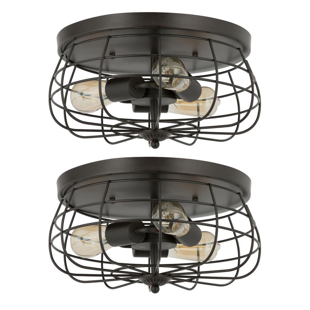Merra 15 in. 3Light Bronze Metal Industrial Cage Flush Mount (Set of 2