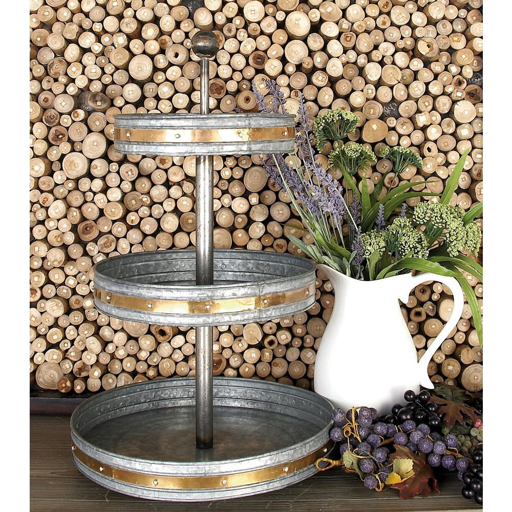 24 In 3 Tiered Round Gray Iron Tray Stand With Copper Band Accents 24 In 3 Tiered Round Gray Iron Tray Stand With Copper Band Accents