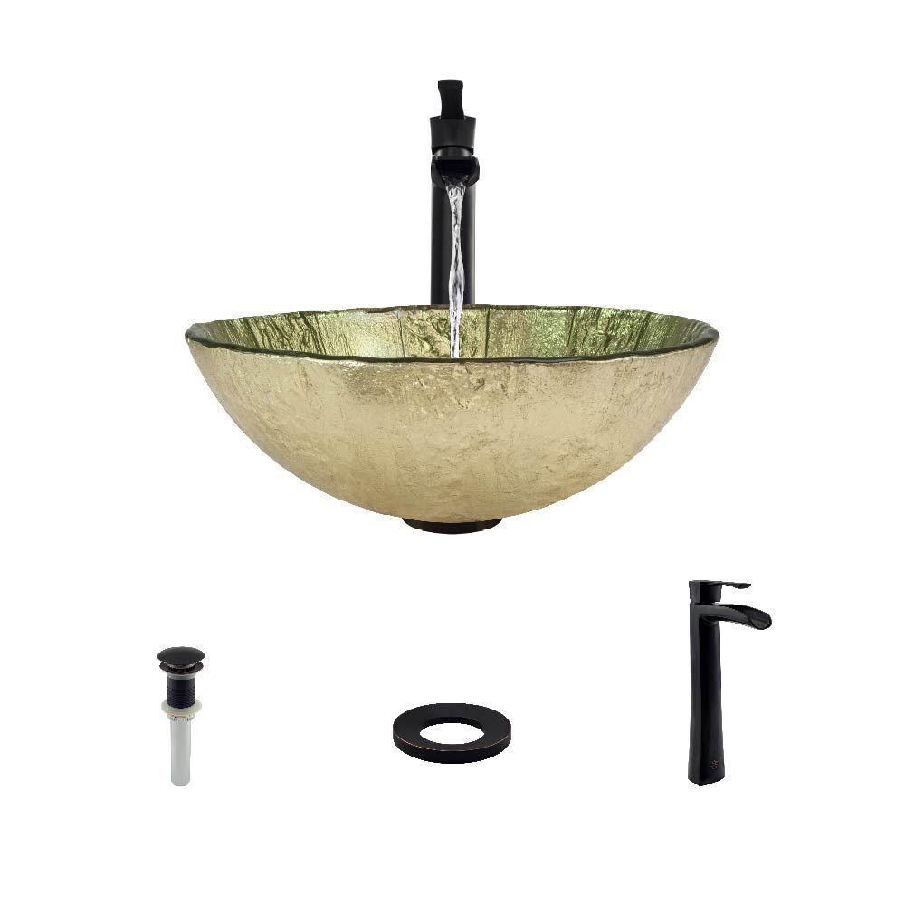 MR Direct Glass Vessel Sink in Gold Foil with 731 Faucet and PopUp