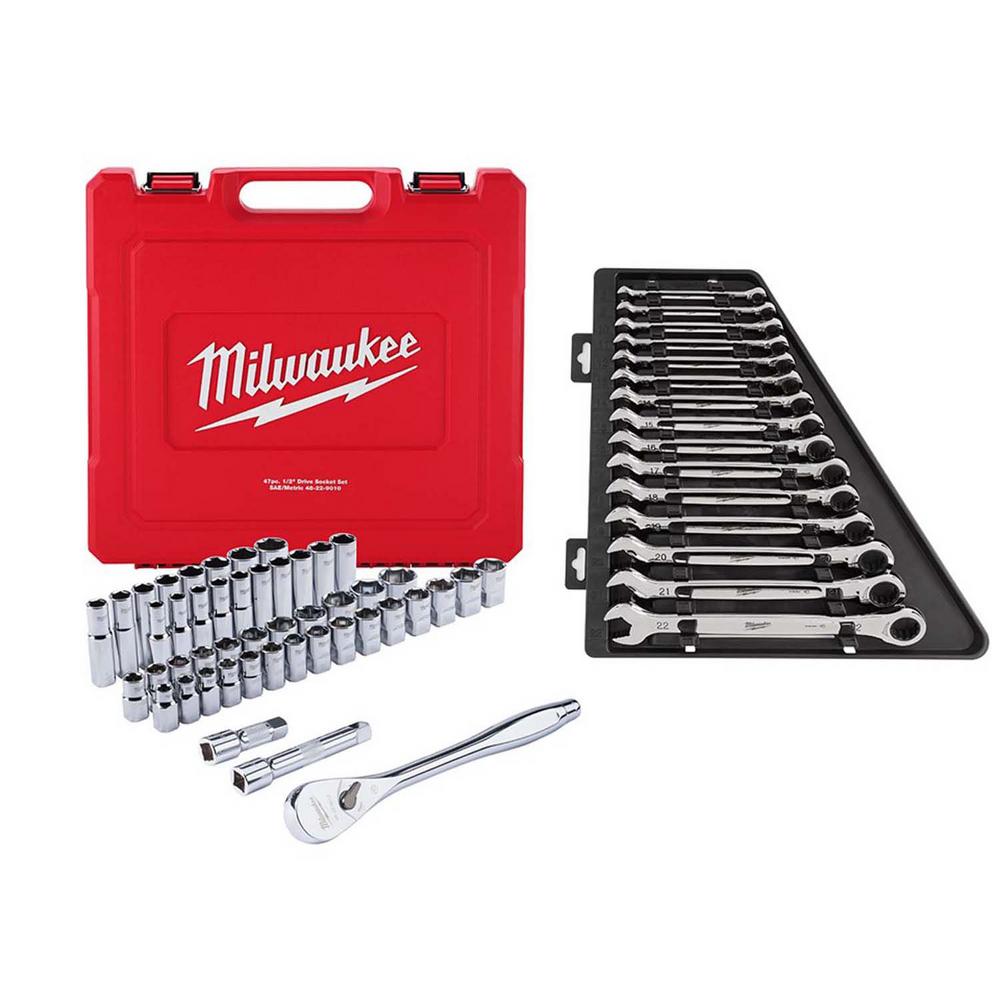 Milwaukee 1/2 in. Drive SAE/Metric Ratchet and Socket Mechanics Tool Set W/ Metric Combination