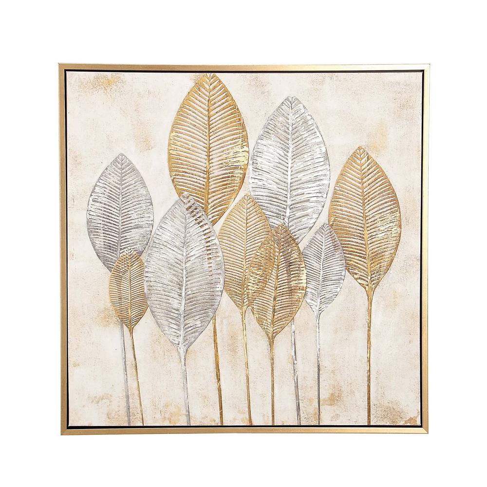 Cosmoliving By Cosmopolitan Gold And Silver Veined Leaves Hand Painted Framed Canvas Wall Art 43998 The Home Depot