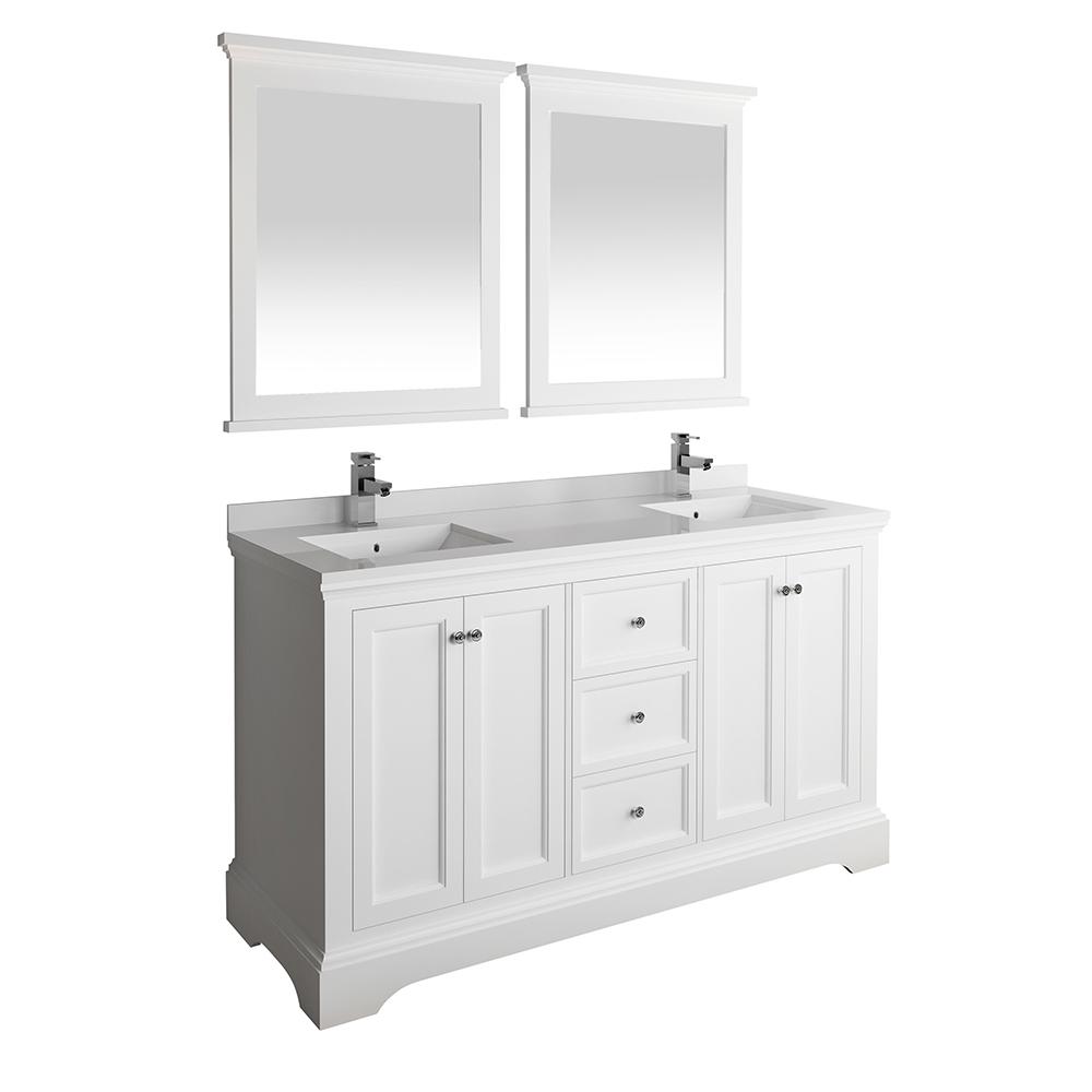 Fresca Windsor 60 In W Traditional Double Bath Vanity Matte White Quartz Stone Top Basinirrors
