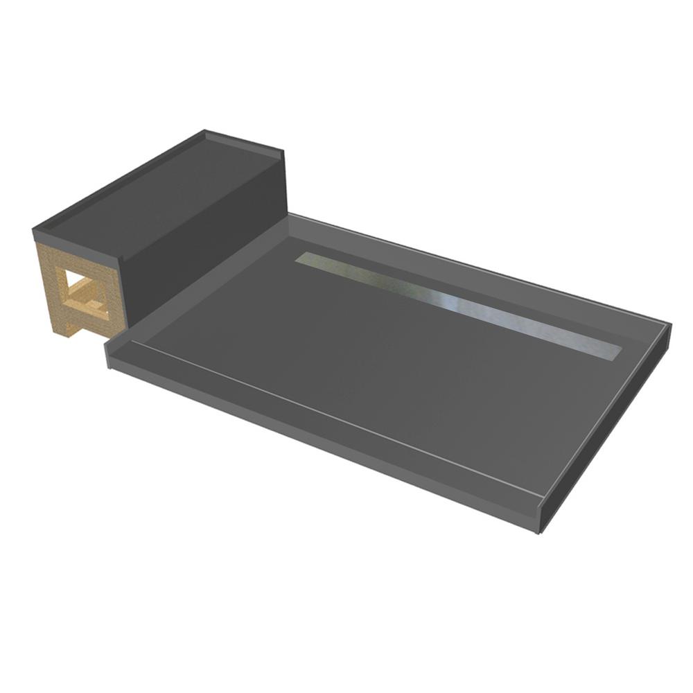 Base'N Bench 34 in. x 60 in. Single Threshold Shower Base in Gray and Bench Kit with Back Drain