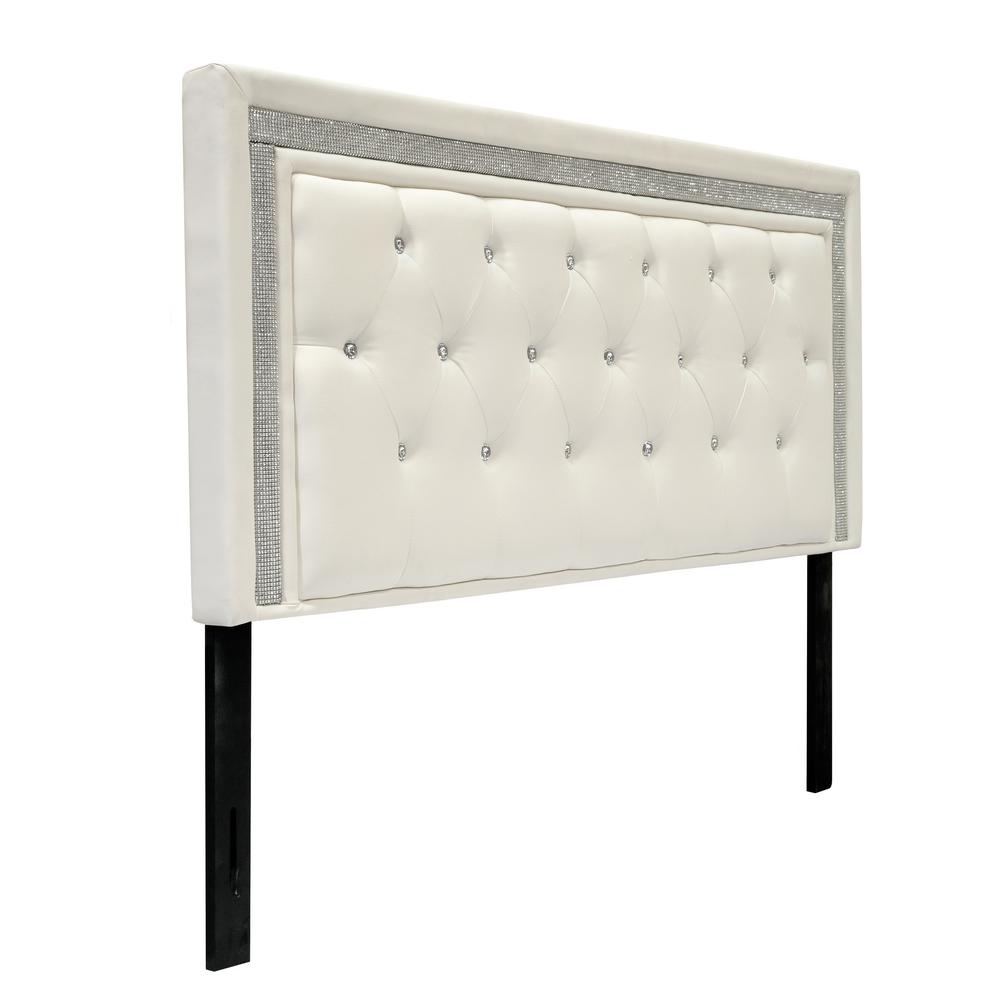Best Master Furniture Opal Faux Leather Upholstered Headboard Tufted Crystals Rhinestone, White
