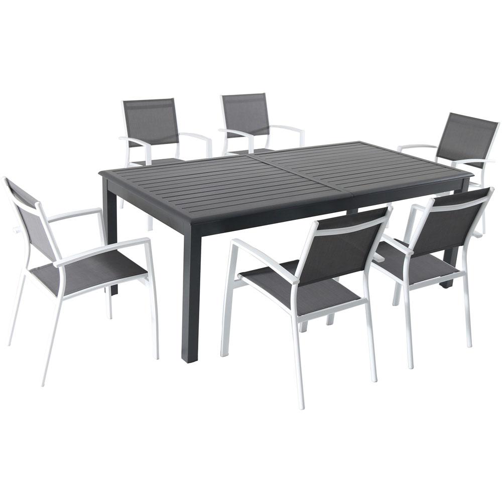 Hanover Dawson 7 Piece Aluminum Outdoor Dining Set With 6 Sling Chairs In Gray White And An Expandable 40 In X 118 In Table