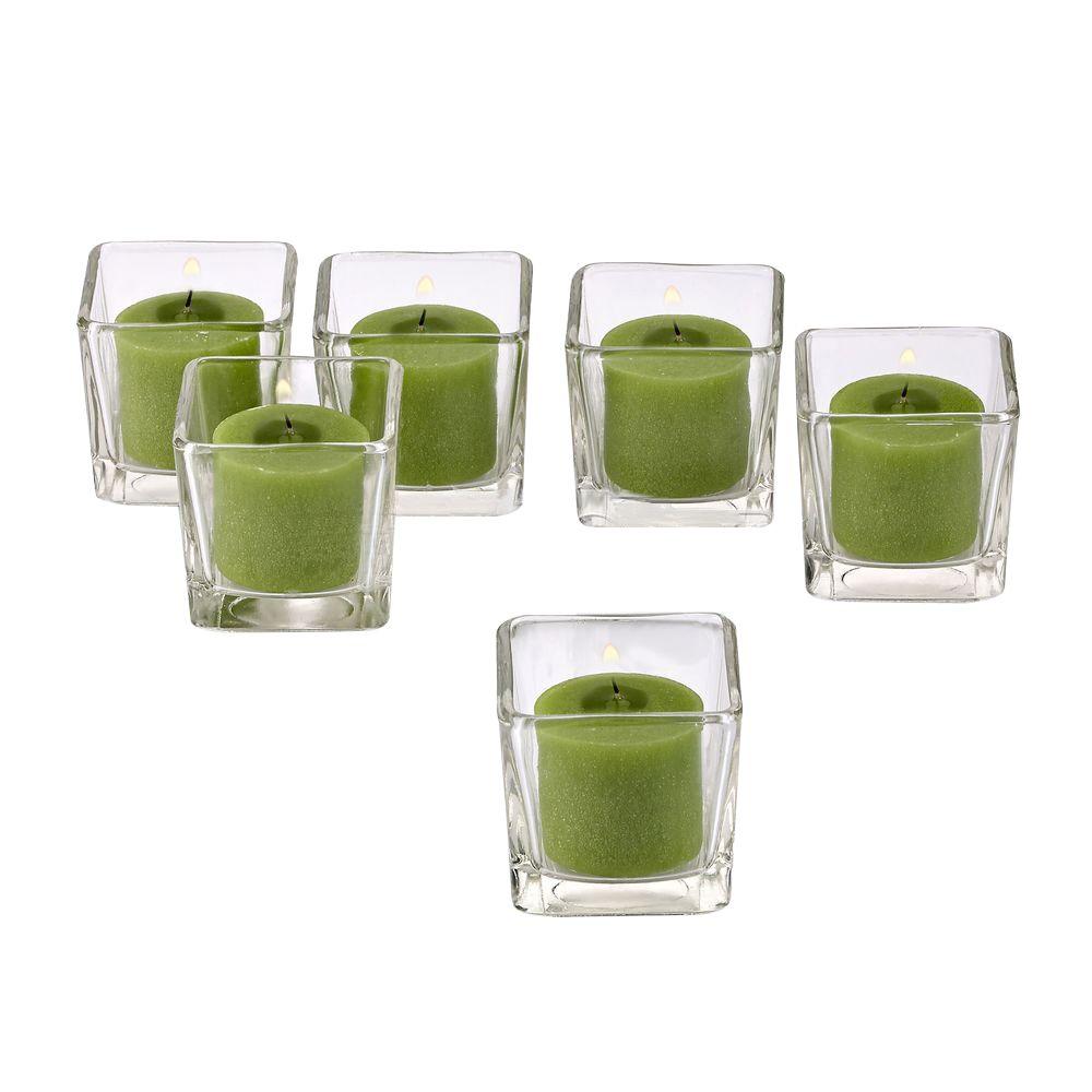 Light In The Dark Clear Glass Square Votive Candle Holders with Lime Green Votive Candles (Set