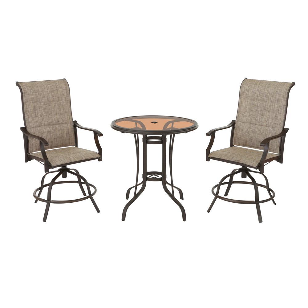 Hampton Bay Riverbrook Espresso Brown 3 Piece Outdoor Patio Aluminum Round Padded Sling Swivel Balcony Bistro Set Fm18107 Ad Svap The Home Depot