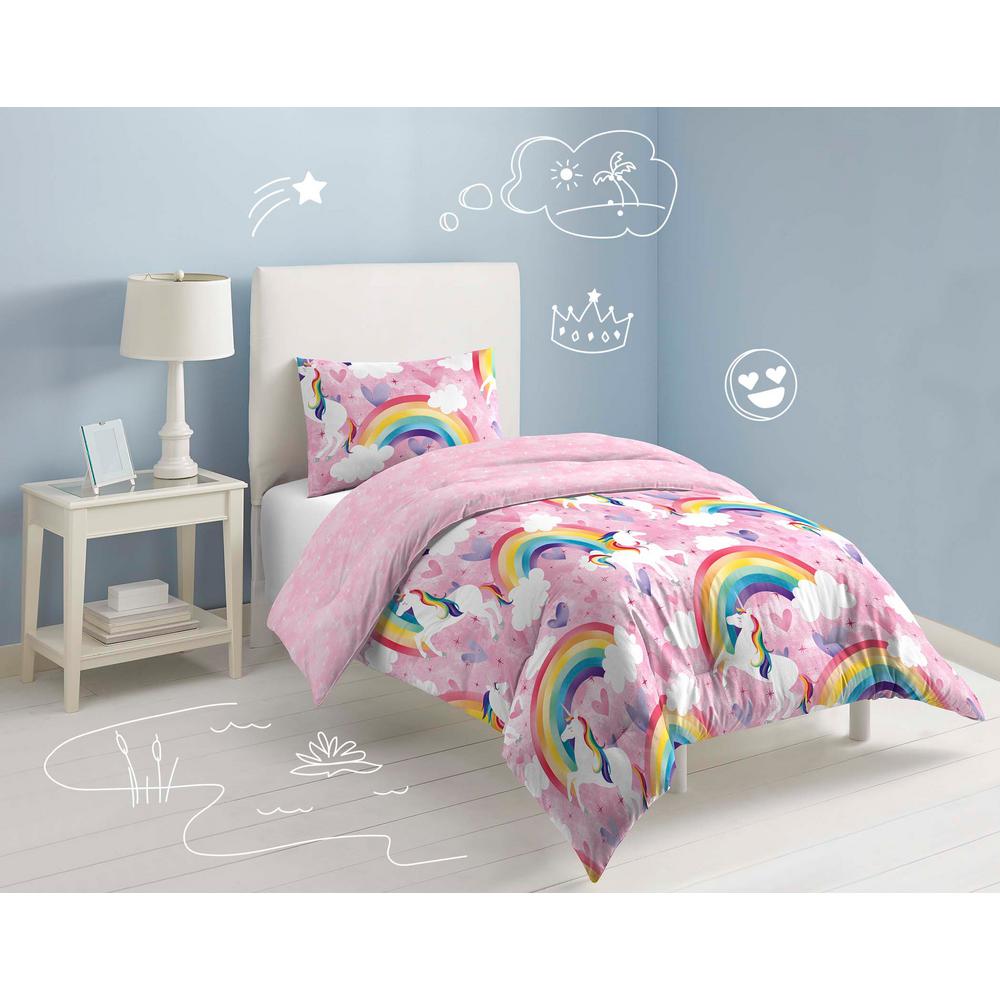 Dream Factory Unicorn 2 Piece Pink Unicorn Rainbow Twin Comforter