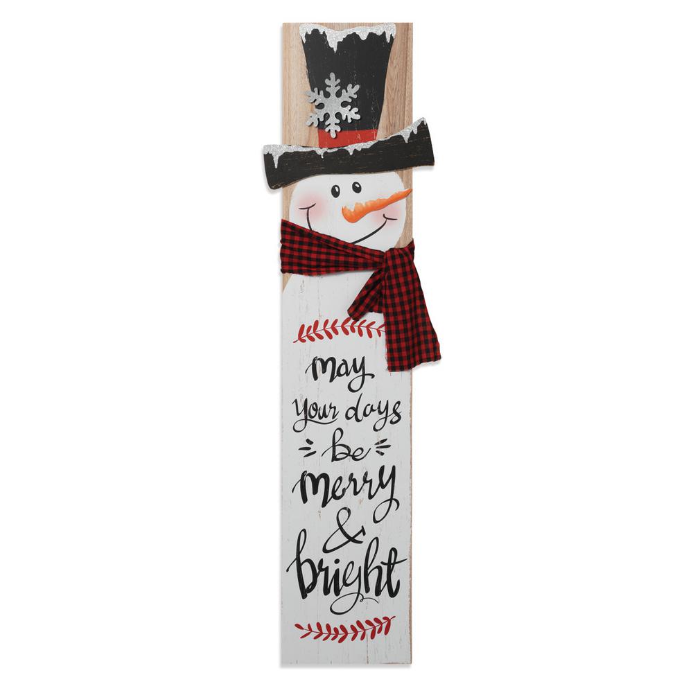 59 in h painted wooden snowman porch sign with plaid fabric scarf - Merry Christmas Window Decorations 59 in h painted wooden snowman porch sign with plaid fabric scarf - Merry Christmas Window Decorations