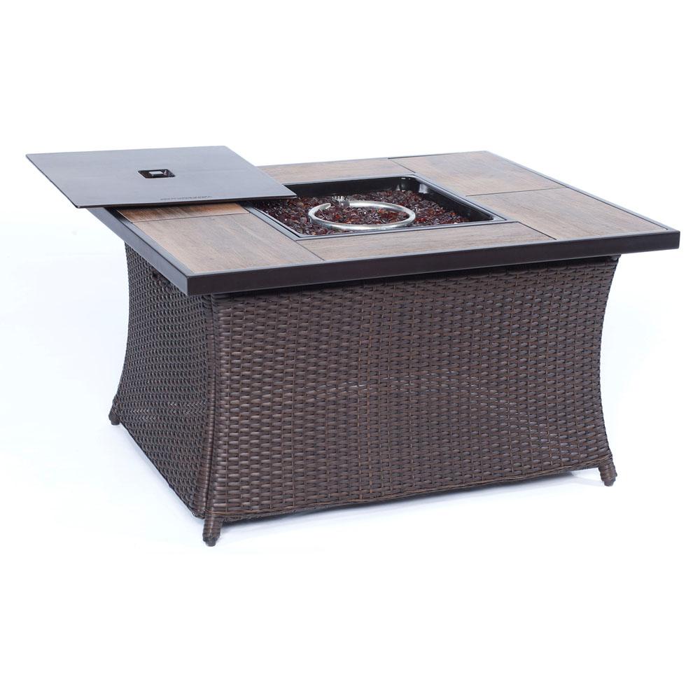 Hanover 9 8 In Wicker Fire Pit Table In Brown With Woodgrain Tile