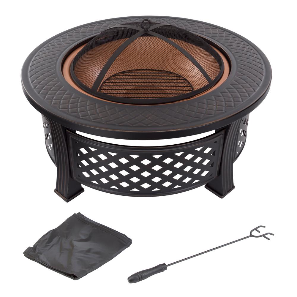 Pure Garden 32 In Steel Round Fire Pit With Spark Screen And Log