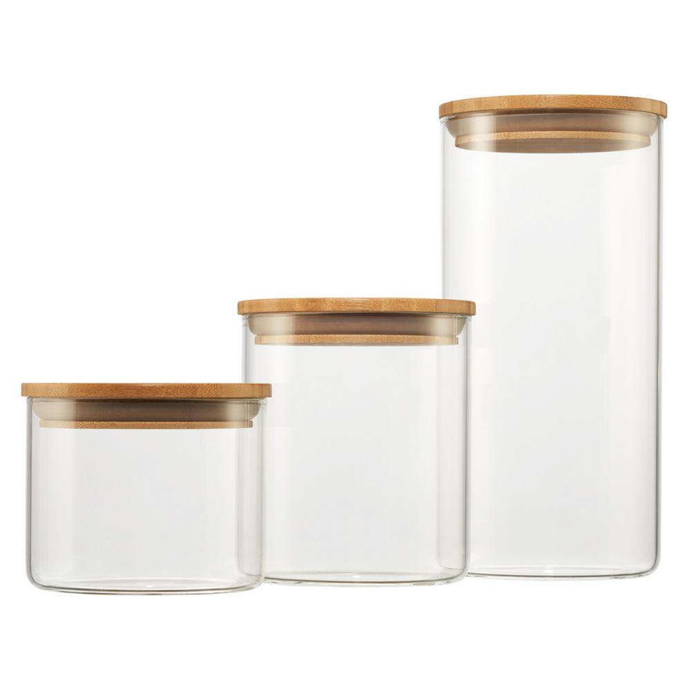 3-Piece Glass and Bamboo Canister Set - C