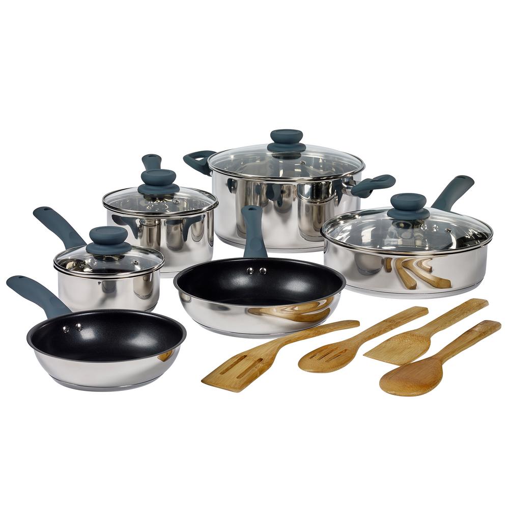 UPC 048552502481 product image for Basic Essentials 14-Piece Stainless Steel Nonstick Cookware Set, Silver | upcitemdb.com