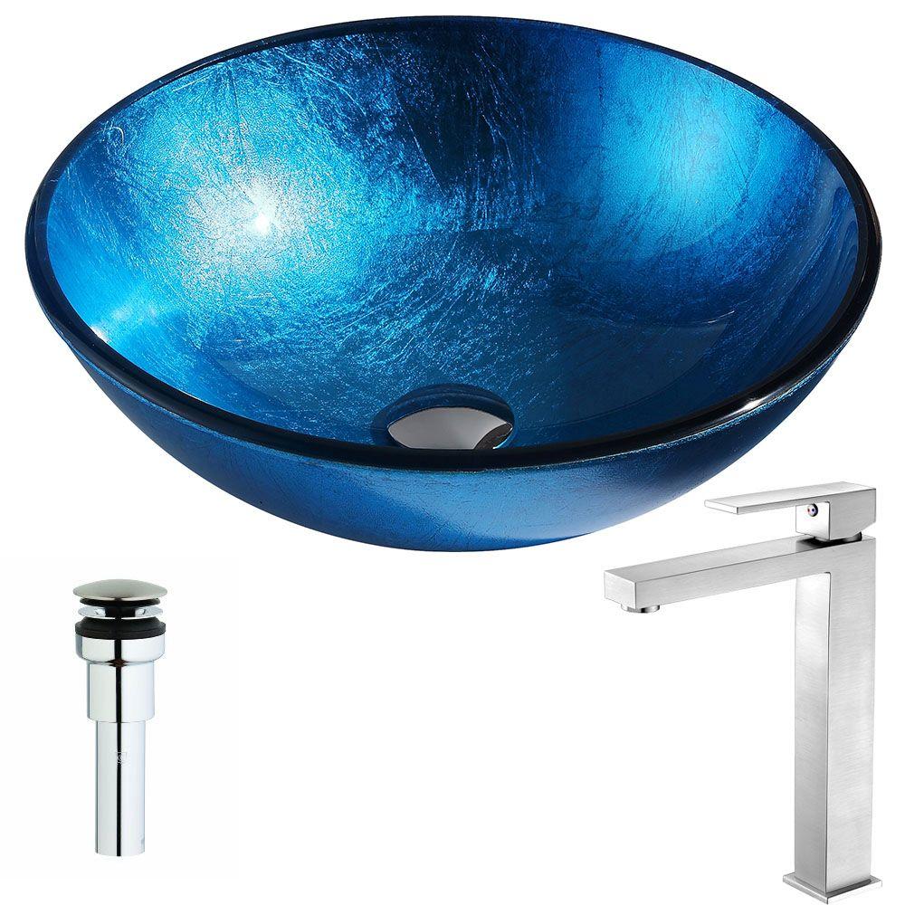 ANZZI Arc Series Deco-Glass Vessel Sink in Lustrous Light Blue with Enti Faucet in Brushed Nickel was $331.99 now $265.59 (20.0% off)