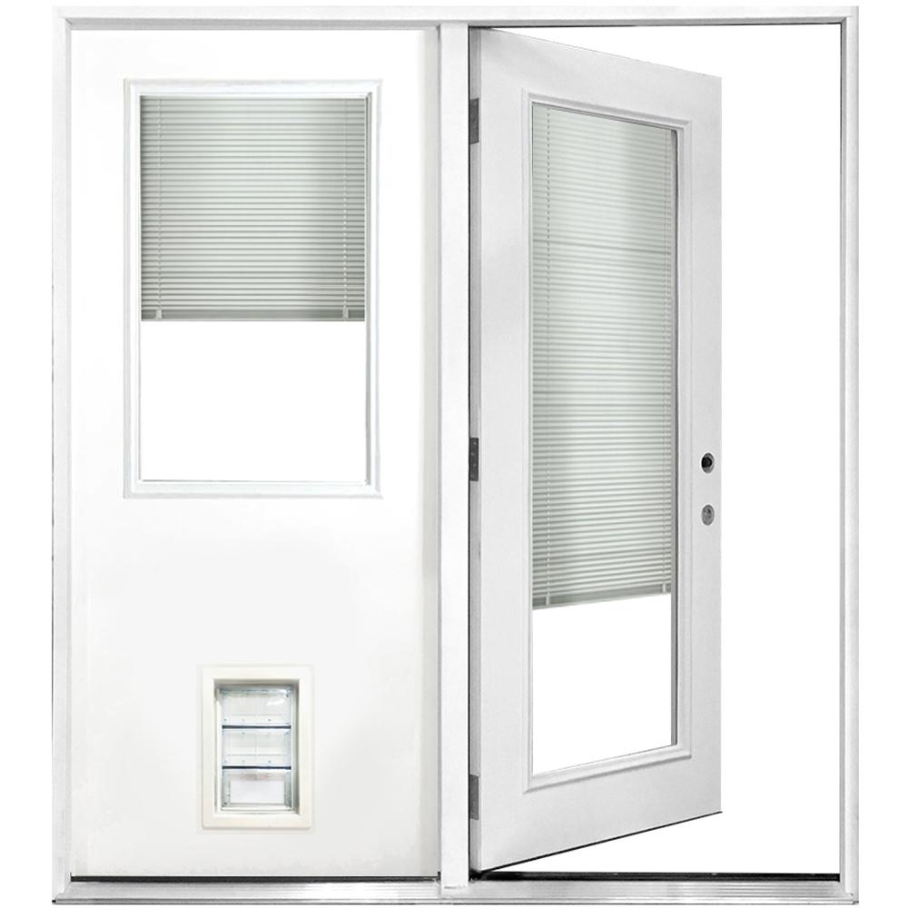 72 In X 80 In Clear Mini Blind White Primed Prehung Lhis Fiberglass Centerhinge Patio Door W Med Pet Door