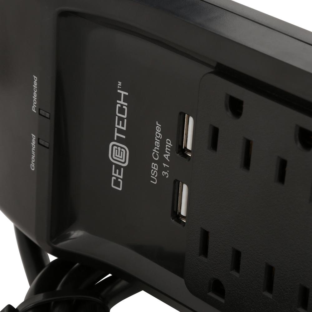 CE TECH 6 ft 8-Outlet USB Coax Surge Protector
