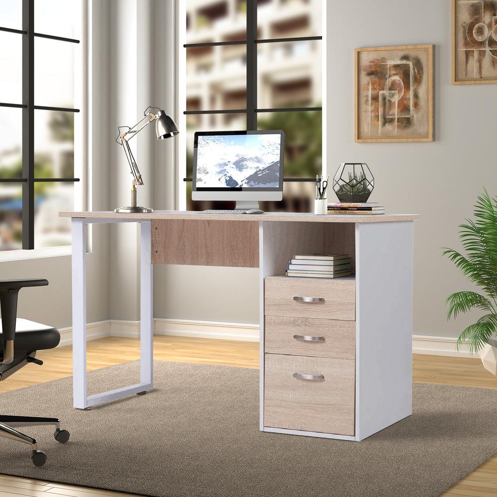 Merax Simple Design Oak Computer Desk With Cabinet And Drawers