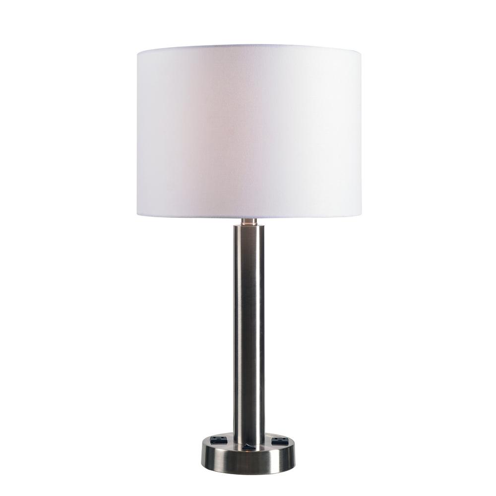Kenroy Home Hemlock 26 In Brushed Steel Table Lamp With White Drum Brushed Steel Table Lamp With White Drum Shade