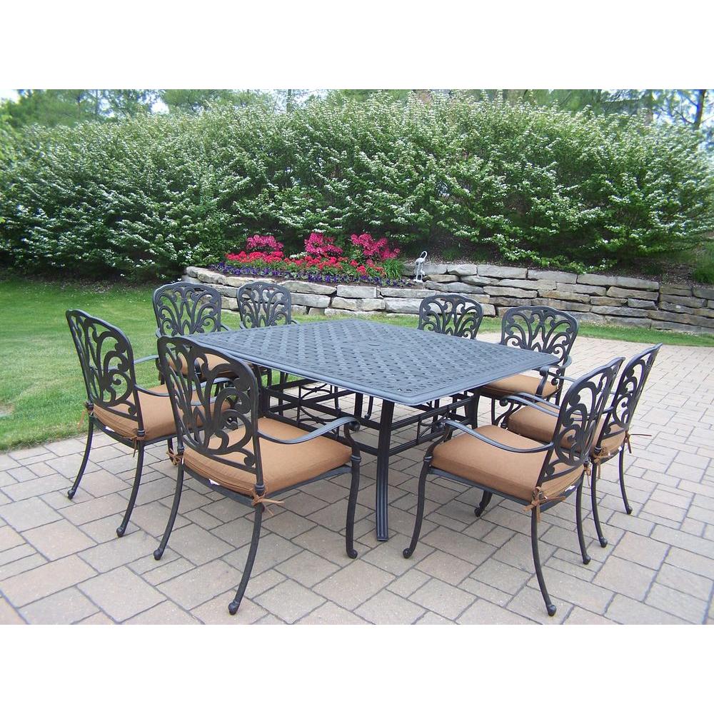 Oakland Living Patio Dining Furniture The Home Cast Aluminum 9 Piece Square Patio Dining Set With Sunbrella Cushions